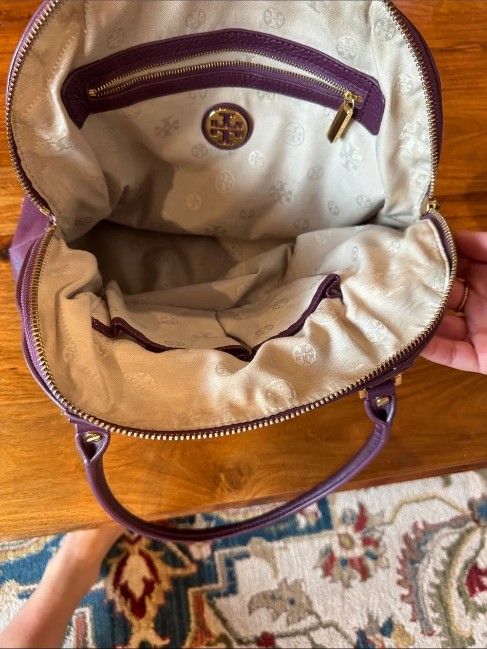 Tory Burch Purple Leather Logo Satchel with Gold Hardware